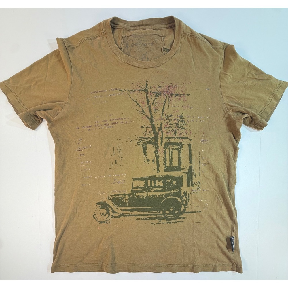 Chevignon Mens Vintage Graphic T-Shirt Brown Olive Antique Car Print Size M